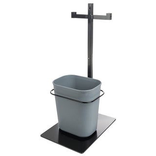 Double Arm Modular Sanitizer Stand with Trash Can - 15 1/5" L x 12 3/5" W x 29" H by HUBERT – Steel, Black, Model 19617/28368/247
