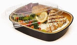 Handi-Foil 4 lb. (Lg) Oblong Black & Gold Aluminum Take-Out Pan w/Clear Dome Lid (Pack of 20)