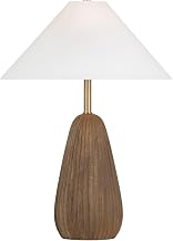 Troy Lighting Heartwood 1-Light Table Lamp | Patina Brass | Ivory Linen Shade | Hand-Carved Wood Base | Rustic Textured Design | Artisan Modern Farmhouse Lighting | Dry Rated | Model PTL1527-PBR