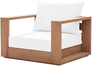 White Fabric Outdoor Chair, Cushioned Seat, Arm, Back Support, Finish - Natural Teak, Contemporary Style, Patio Or Garden Seating