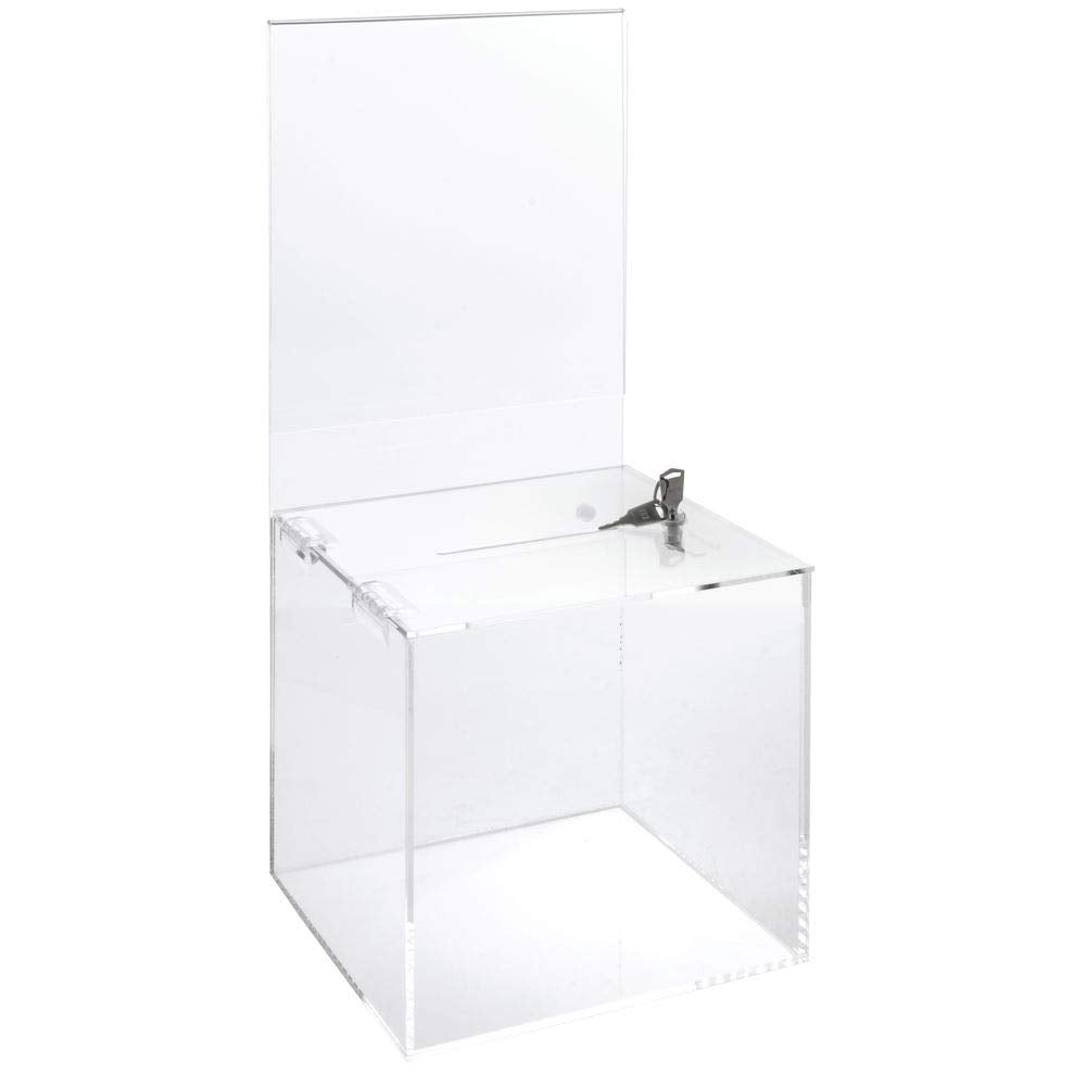Locking Acrylic Ballot Box with Signholder by AARCO DISPLAY PRODUCTS – Plastic, Clear, Model 1038L