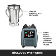 Waring Electronic Touchpad w/3 Minute Timer / Stainless Steel Jar CB15T / 1-Gallon Countertop Blenders