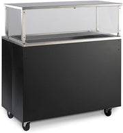 Vollrath 46-inch 120-volt three-well 2-Series non-refrigerated cold-food station with brushed aluminum solid base, storage compartment and cafeteria-style breath guard