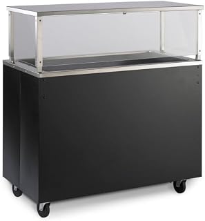 Vollrath 46-inch 120-volt three-well 2-Series non-refrigerated cold-food station with brushed aluminum solid base, storage compartment and cafeteria-style breath guard