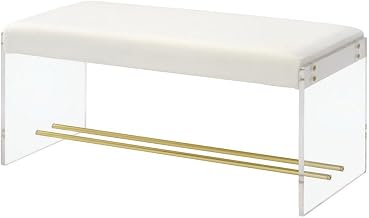 Acrylic Vanity Bench, Lucite Cushioned Stool with Gold Finish Frame, Modern Glam Seat for Bedroom or Dressing Room Area, Gold Vanity Bench