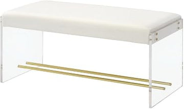 Acrylic Vanity Bench, Lucite Cushioned Stool with Gold Finish Frame, Modern Glam Seat for Bedroom or Dressing Room Area, Gold Vanity Bench