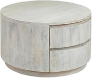 Furnifact Whitewash 2-Drawer Round Coffee Table with Mango Wood, Stylish Modern Design, Durable Metal Slides, Fits Living Room, Lounge, or Wait Room