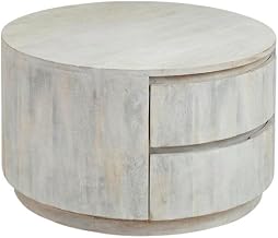 Furnifact Whitewash 2-Drawer Round Coffee Table with Mango Wood, Stylish Modern Design, Durable Metal Slides, Fits Living Room, Lounge, or Wait Room
