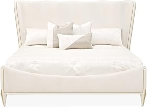 Michael Amini Beige King Panel Bed Solid and Manufactured Wood Frame with Jaquard Chenille Starlight Upholstery 100% Polyester for Elegant Bedroom Comfort