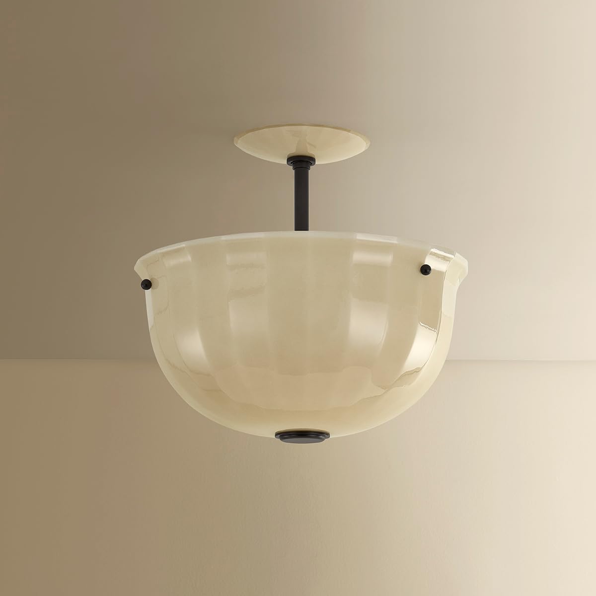 Nevins 1-Light Semi Flush | Essential Style | Distressed Bronze Finish | Glass Shade | Damp-Rated for Bathroom Use | 14" Dia x 13" H | Etched with Optic Shade | -DB by Hudson