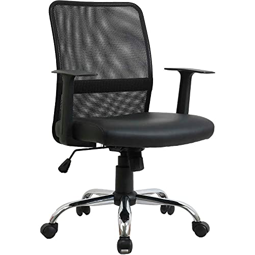 Mesh Back Leather Task Chair with Mid Back & Fixed Arms by Global Industrial – Faux Leather, Black, Model 80156M