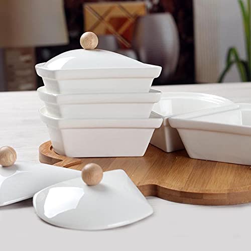 Yarlung Ceramic Divided Serving Set with Lids, 5 Removable Bowls on 10-Inch Bamboo Platter, Brown White