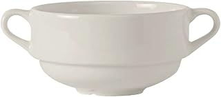 Tuxton China AMU-044 Soup Cup, 10-1/2 oz., 4-1/8" Diameter x 2-3/8"H, Round, Double Handle, Stackable, Microwave and Dishwasher Safe, Oven Proof, Fully Vitrified, Ceramic, AlumaTux, Pack of 24