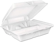 DART 90HT3R Large Foam Carryout Food Container 3-Compartment White 9-2/5x9x3