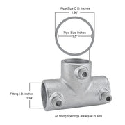 1-1/2" Size 90 Degree Three Socket Tee Pipe Fitting (1.94" Fitting I.D.) by Global Industrial – 2.5"L x 5.25"W x 3.75"H, Galvanized Iron, Gray, Model 798744