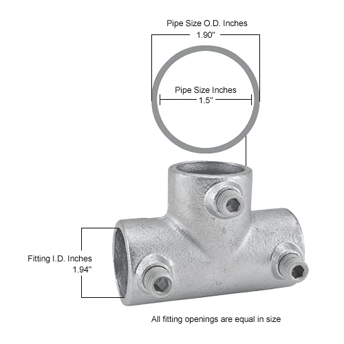 1-1/2" Size 90 Degree Three Socket Tee Pipe Fitting (1.94" Fitting I.D.) by Global Industrial – 2.5"L x 5.25"W x 3.75"H, Galvanized Iron, Gray, Model 798744