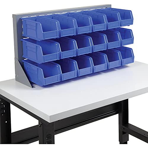 Louvered Bench Rack with (18) Blue Premium Stacking Bins by Global Industrial – 15"L x 36"W x 20"H, Alloy Steel, Gray, Model 550154BL