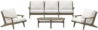 Modway Saratoga 4-Piece Teak Wood Outdoor Furniture Set in Weathered Gray White - Patio Conversation Set with Sofa, 2 Armchairs, and Coffee Table