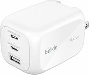 Belkin 100W GaN 3-Port USB Wall Charger - 1xUSB-A, 2xUSB-C - Foldable Prongs - Power Adapter - White