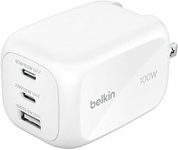 Belkin 100W GaN 3-Port USB Wall Charger - 1xUSB-A, 2xUSB-C - Foldable Prongs - Power Adapter - White