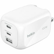 100W GaN 3-Port USB Wall Charger - 1xUSB-A by Belkin – 1.7" x 1.7", White, Model WCH016dqWH