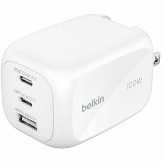100W GaN 3-Port USB Wall Charger - 1xUSB-A by Belkin – 1.7" x 1.7", White, Model WCH016dqWH