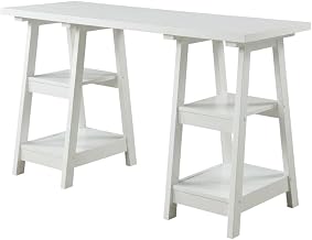 White Double Trestle Desk with Shelves, Durable Melamine Veneer, Non-Lead Base Paint Finish, Spacious Work Surface, Modern Office Furniture