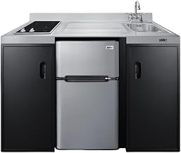 Summit 54" Wide All-In-One Kitchenette, Black and Stainless- CK55ADASINKR | Includes 2-door refrigerator-freezer, 2-Burner Cooktop, Sink (On Right Hand Side), and Storage