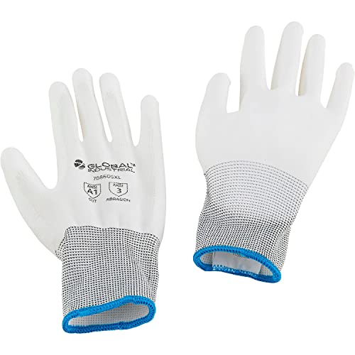 Flat Polyurethane Coated Gloves by Global Industrial – X-Large, Nylon, White, Pack of 12, Model 708605XL