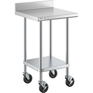 Commercial Work Table with Backsplash – 304 Stainless Steel, 24x24 Inch, Galvanized Legs, Undershelf, Casters, 400 lb Capacity