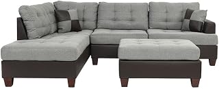 Contemporary 3pc Sectional Sofa with Reversible Chaise & Ottoman, Grey Polyfiber Linen-Like Fabric, Tufted Cushions for Living Room or Outdoor Terrace