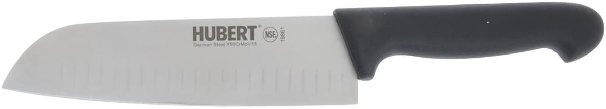 HUBERT Stainless Steel Santoku Knife with Black Santoprene Soft Grip Handle - 7"L Blade