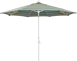 California Umbrella 11' Round Crank Lift, Collar Tilt, Aluminum Pole, Fiberglass Rib Patio Umbrella, White Finish, Sunbrella Mist