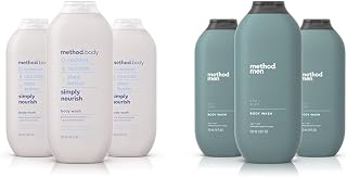 Method Body Wash, Simply Nourish, Paraben and Phthalate Free, 18 oz (Pack of 3) & Men Body Wash, Sea + Surf, Paraben and Phthalate Free, 18 FL Oz (Pack of 3),Softening