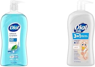 Dial Body Wash, Refresh & Renew Spring Water, 32 fl oz & Kids 3-in-1 Body+Hair+Bubble Bath, Peach, 32 fl oz