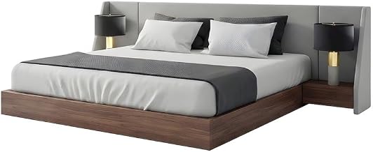 Starlight Canyon Home Walnut Veneer Platform Bed with Upholstered Winged Headboard, Mid-Century Modern Eastern King Bed Frame No Box Spring Needed