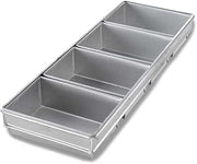Chicago Metallic Bread Pan Set, 4-pan, 9-3/16" x 26" x 3" overall | 4-pan, 9-3/16" x 26" x 3" overall, (4) 8-1/2" x 5-3/4" strapped pans, wire in rim, band over wire, folded construction