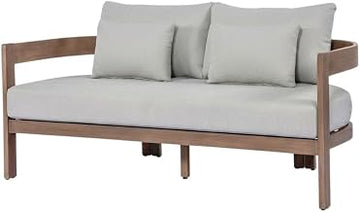 Brown Fabric Upholstered Outdoor Loveseat, 65-Inch Contemporary Patio Furniture, Cushioned Seating, Sturdy Frame, Weather-Resistant Design