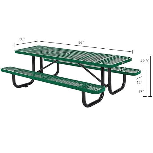 8’L Rectangular Picnic Table by Global Industrial – 96D x 62W x 29.5H in, Metal, Green, Model 277153GNKD