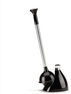 simplehuman Toilet Plunger with Holder Set, Magnetic Drip-Free Cover, Narrow Flange for Modern Low-Flow Toilets, Hidden Dome Storage, Stainless Steel, Black