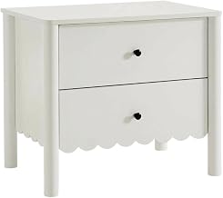 Furnifact White Nightstand, 2 Drawers, Scalloped Design, Spacious Storage, Durable Construction, Elegant Bedroom Furniture, Smooth Drawer Operation
