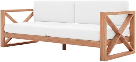 White Fabric Outdoor Sofa with Pillow, Contemporary Style, Teak Finish, 83-Inch Wide, Comfortable Seat and Back Support