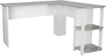 Grey Modern L-Shaped Desk with Side Shelves, Spacious Work Surface, Durable Steel Frame, Suitable for Home Office and Workstation Setup