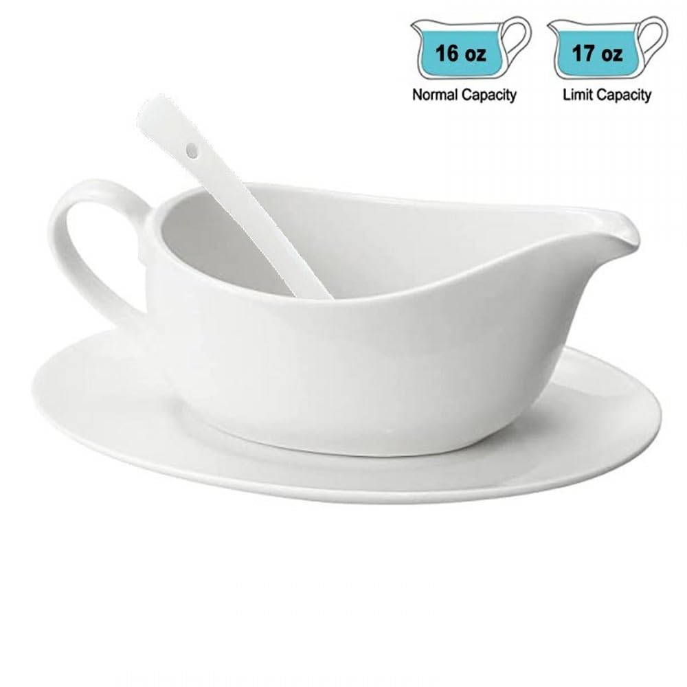 Qlans Ceramic Gravy Boat With Ladle, 17 Ounces, White