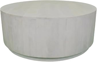 Furnifact White Round Coffee Table, Mango Wood Top and Base, Distressed Finish, 42-inch Diameter, Modern Design, Sturdy and Durable