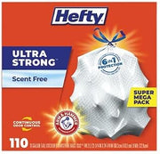 Hefty ultra strong tall kitchen and trash bags, 13 gal, 0.9 mil, 23.75" x 24.88", white, 110 bags/box, 3 boxes/carton