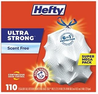 Hefty ultra strong tall kitchen and trash bags, 13 gal, 0.9 mil, 23.75" x 24.88", white, 110 bags/box, 3 boxes/carton