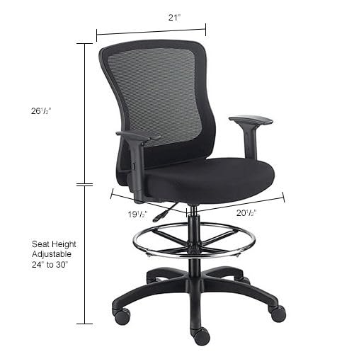 Interion Mesh Back Task Stool with Adjustable Arms by Global Industrial – 20.5"W x 19.5"D x 48.75" to 50.75"H, Textile, Black, Model DR-625F-376BK