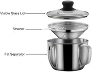 Elolicu Gravy Separator with Lid and Strainer, 1000ml Stainless Steel, Silver