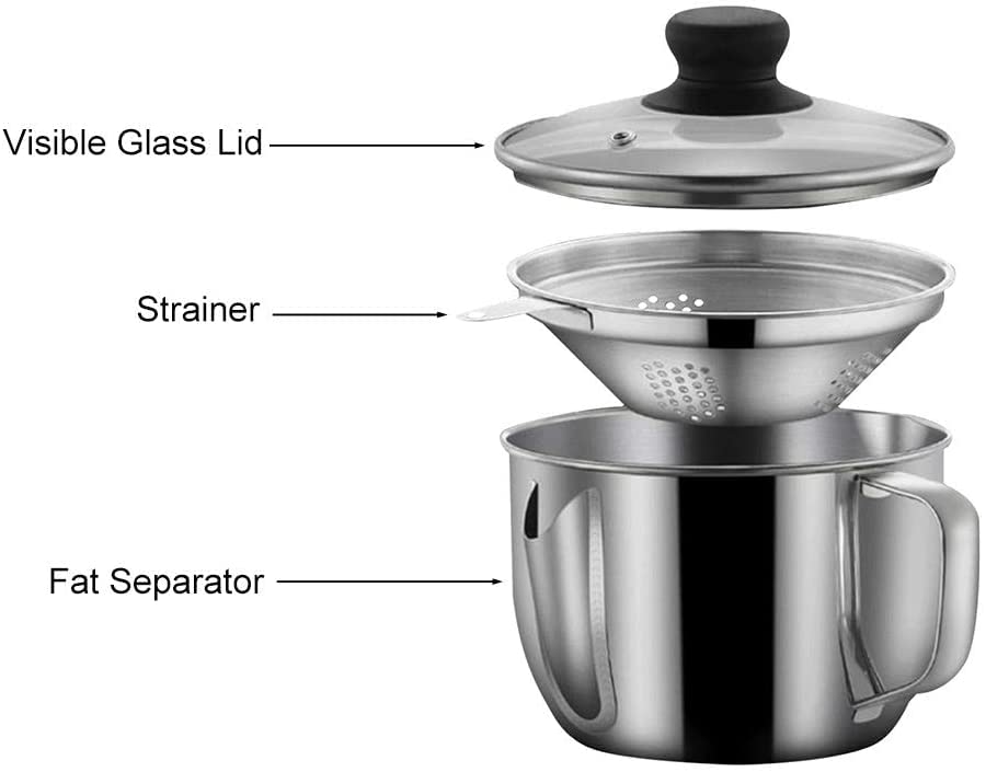 Elolicu Gravy Separator with Lid and Strainer, 1000ml Stainless Steel, Silver